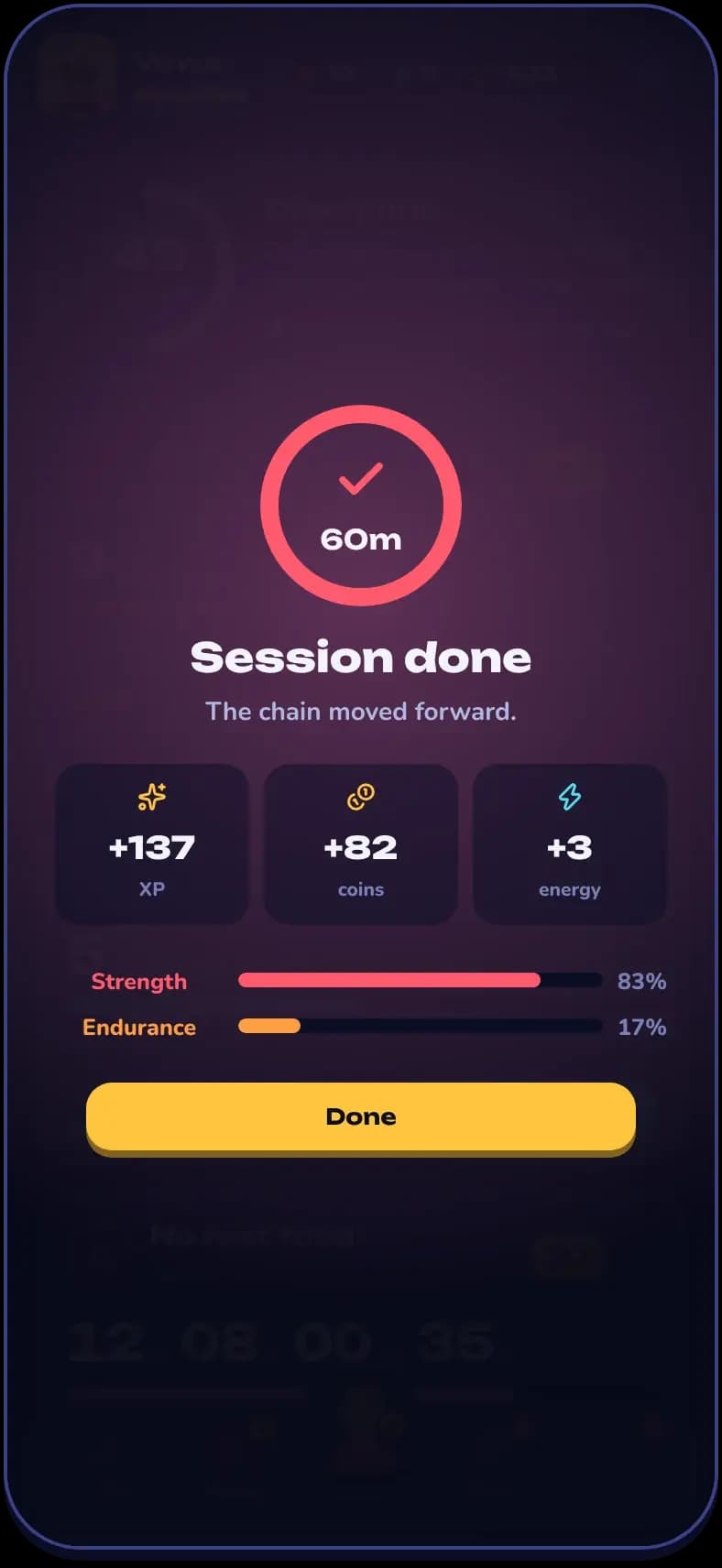 Session done after 60 minutes: 137 XP, 82 coins and 3 energy, split 83% Strength and 17% Endurance