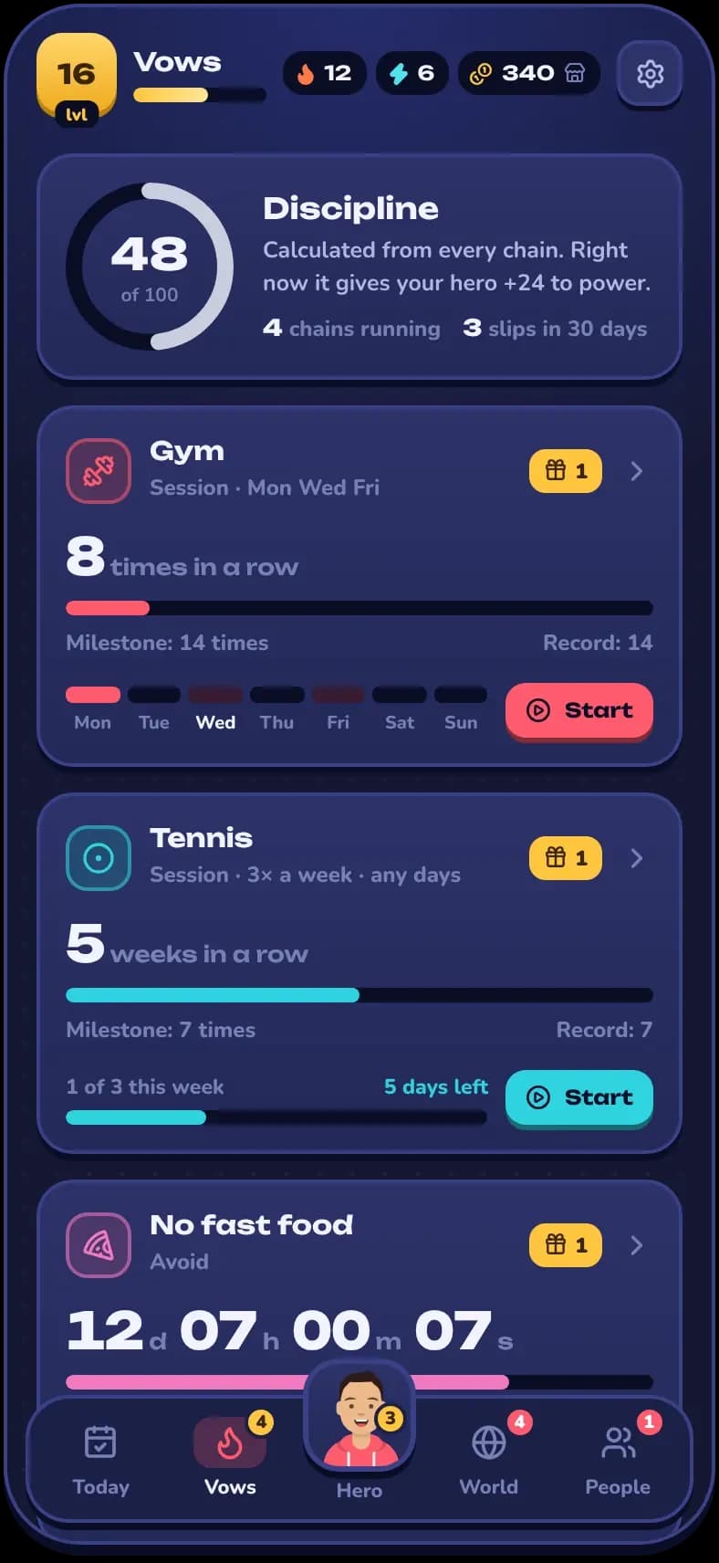 Vows screen with a discipline score of 48, a Gym vow kept 8 times in a row, a Tennis vow at 5 weeks in a row and a No fast food timer at 12 days